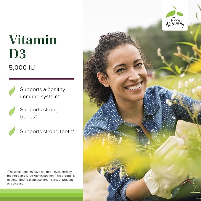 Terry Naturally Vitamin D3 - Bone Health & Bone Strength Supplement - Dietary Supplement for Immune System & Brain Support - 5,000 IU Vitamin D Tablets with Mixed Berry Flavor - 90 Chewable Tablets
