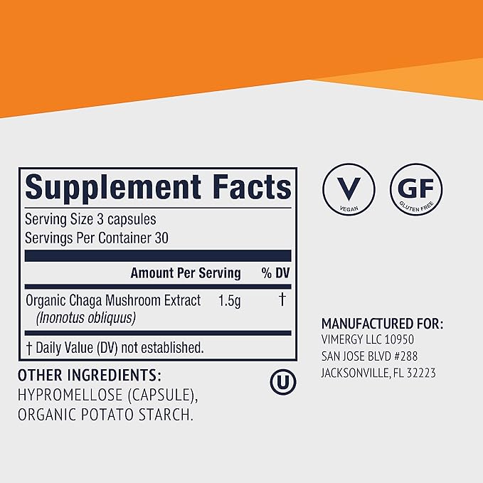 Vimergy Chaga Capsules – Superfood Cellular Support* – Cardiovascular Health Benefits* – Kosher, Vegan, Gluten-Free – 90 Capsules
