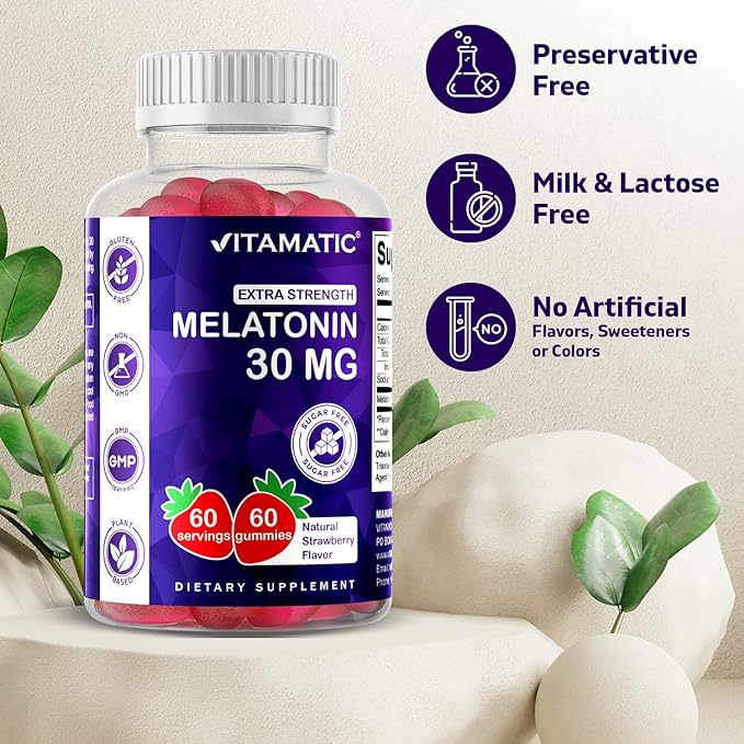 Vitamatic Sugar Free Melatonin 30mg per Gummy - 60 Servings - 60 Vegetarian Gummies - Non-Habit Forming Supplement (60 Count (Pack of 1))