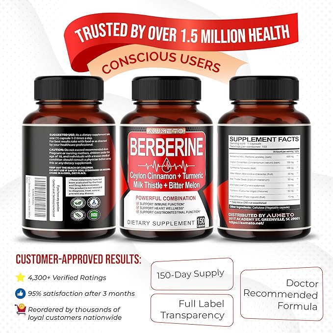 Berberine Supplement - Enhanced with Ceylon Cinnamon, Turmeric, Milk Thistle, Bitter Melon for Digestion, Immunity & Weight Managament (150 Count (Pack of 1))