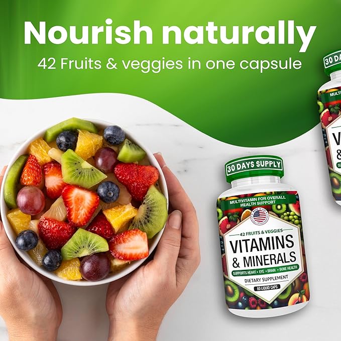 Multivitamins/Minerals Capsules with Zinc and Premium 42 Fruits and Veggies Blend for Immune Support Daily Multivitamin Capsule Antioxidant Supplement for Immunity System 60 Capsules