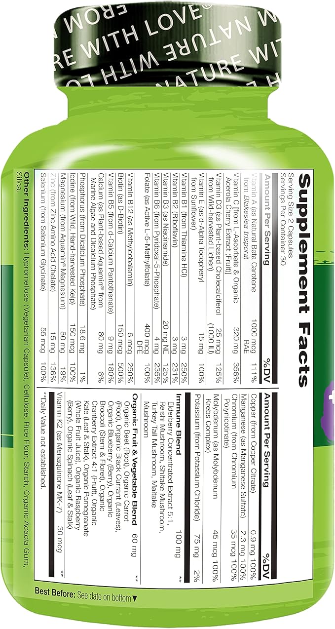 NATURELO Whole Food Multivitamin + Immune Blend with Elderberry & Mushrooms - Complete Multivitamin with Extra Immune Support - C, D3, Zinc, Elderberry, Reishi, Shitake, 60 Vegan Capsules (Pack of 2)