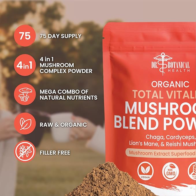 Organic Mushroom Powder Blend - 4-in-1 Reishi, Lion’s Mane, Cordyceps and Chaga Mushroom Supplement Extract Complex, Mushroom Blend Powder for Immune Boost & Brain Support, Add to Coffee, Tea or Water