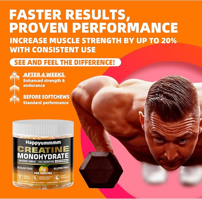 Creatine Monohydrate Soft Chews 5g for Men & Women, Preworkout Gummy with Electrolyte for Muscle Growth, Strength & Energy Support, Orange 60 pcs