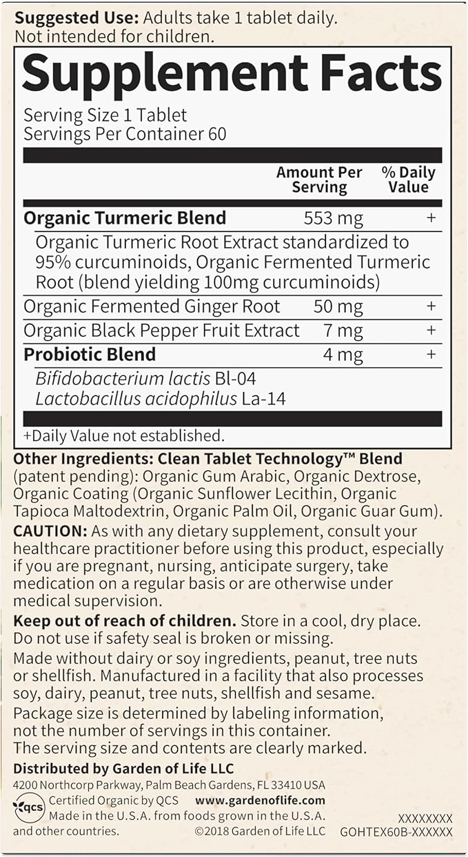 Garden of Life Organics Extra Strength Turmeric Inflammatory Response 60 Tablets-100mg Curcumin (95% Curcuminoids) Black Pepper, Probiotics, Organic Non-GMO Vegan Gluten Free Herbal Supplement