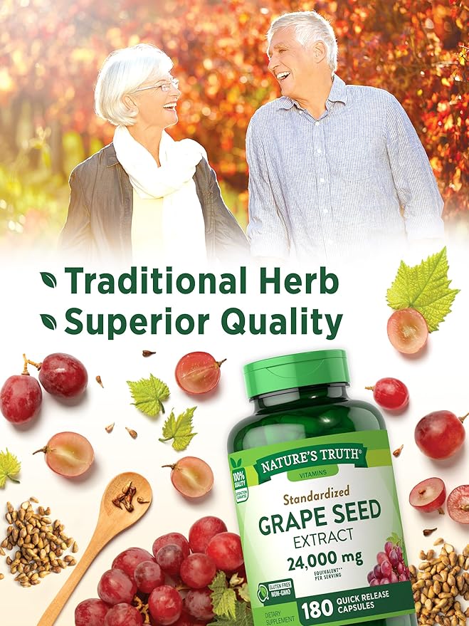 Nature's Truth Grape Seed Extract 24,000 mg | 180 Capsules | Standardized Supplement | Non-GMO & Gluten Free Formula