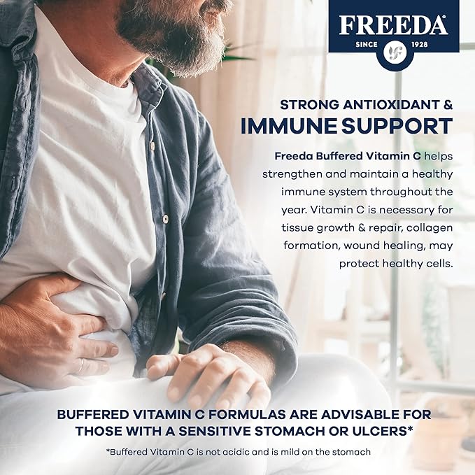 FREEDA Buffered Vitamin C 500mg – Kosher High-Potency Antioxidant & Immune Support – Gentle on The Stomach Calcium Ascorbate – 100 Capsules