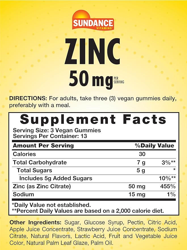 Sundance Zinc Gummies for Adults | 50mg | Mixed Berry Flavor | Vegan, Non-GMO and Gluten Free Supplement