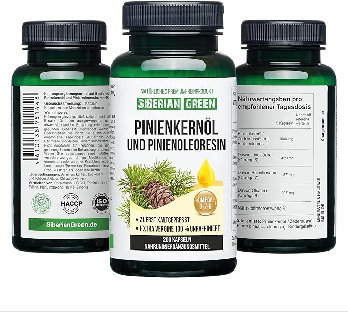Pine Nut Oil w/Pine Resin Capsules 200 Softgels Wild Harvested Siberia Altai Cold Pressed Unrefined