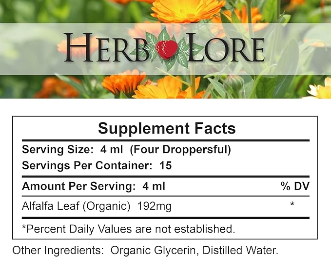 Herb Lore Organic Alfalfa Leaf Tincture – Alcohol Free Liquid Herbal Support Supplement Drops for Pregnancy, Lactation & Overall Wellness (2 fl oz)