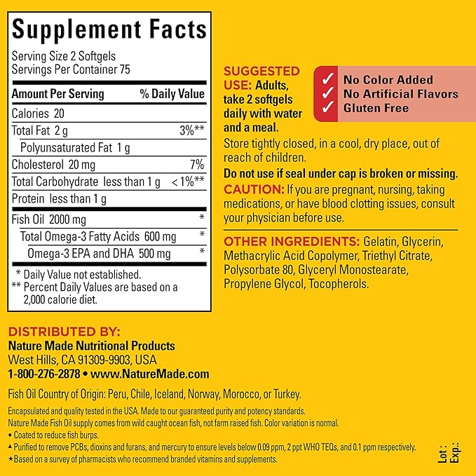 Nature Made Burp Less Fish Oil Omega 3 Supplements, 1000mg Softgels, Omega 3 Fish Oil Supplements for Healthy Heart Support, 150 Softgels, 75 Day Supply