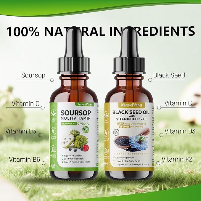 Organic Soursop Bitters and Black Seed Oil Drops Bundles with Vitamins D3, K2, B6, C | Vegan, Non-GMO, Gluten-Free