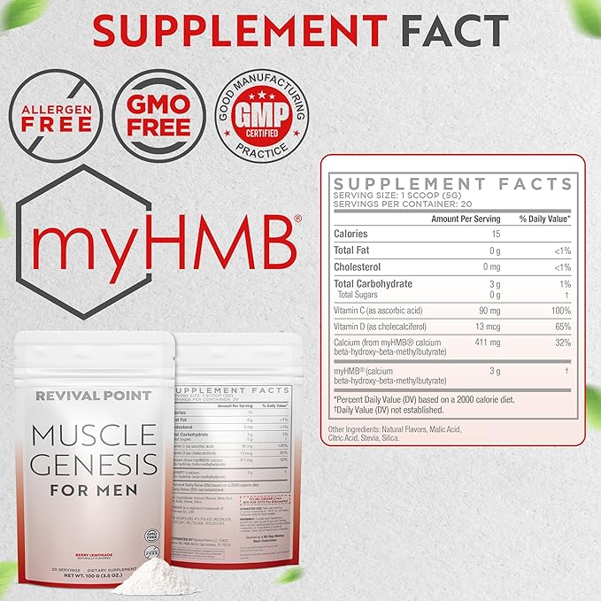 Muscle Genesis HMB and Vitamin D3 Supplement with Clinically Studied myHMB, Calcium and VIT C β 5000mg Per Serving β Promotes Recovery, Lean Muscle Mass, and Healthy Aging in Men