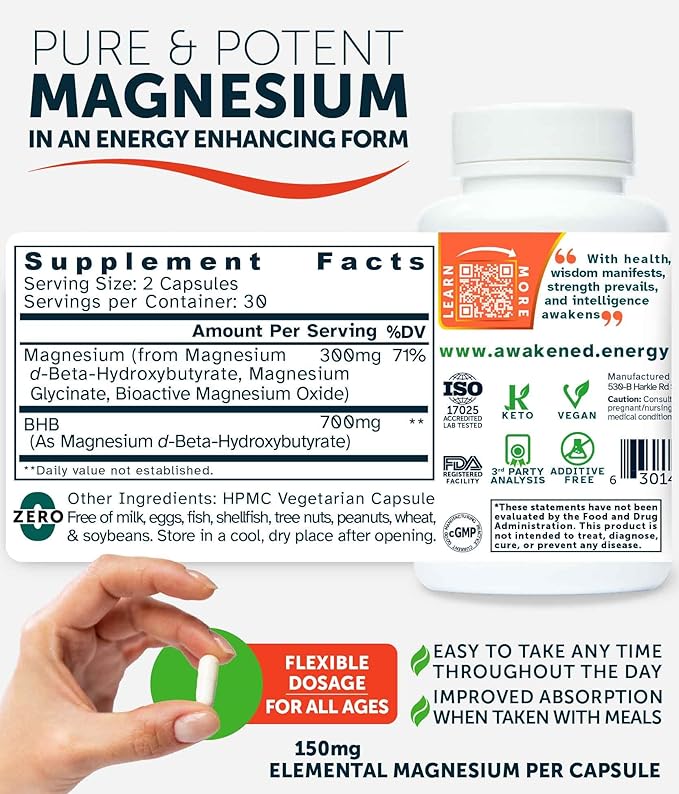 Blissful MitoMag – 300mg Elemental Magnesium Complex: Mg Glycinate, Mg BHB - Sleep Muscles Mood Energy Cognitive Focus Calm – All Natural, USA Made, No Additives – 60 Vegan Capsules Supplement