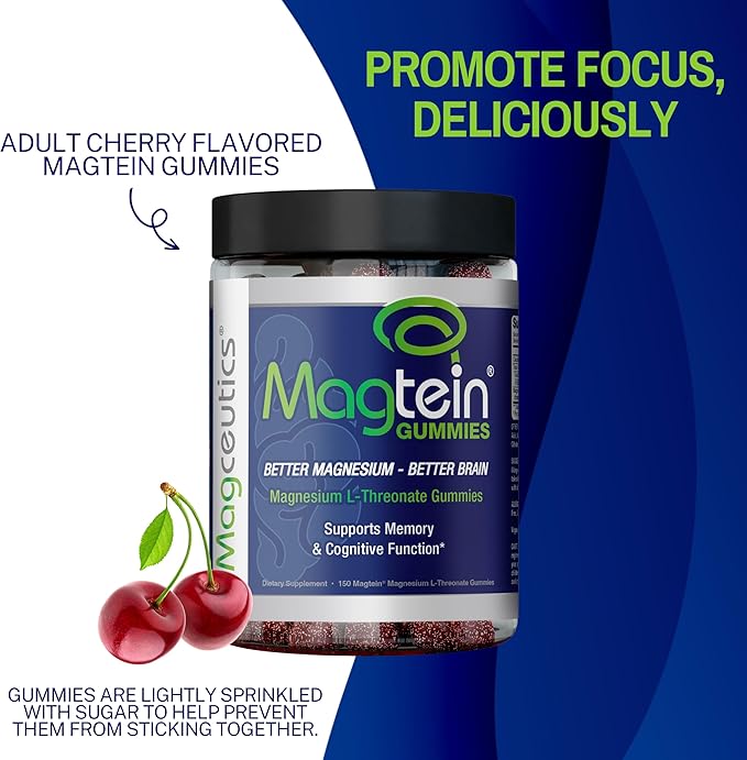 Magtein Gummies - Magnesium L-Threonate Gummies, Brain Support, Focus Supplement, Boost Memory & Cognitive Function - 150 Vegan Gummies