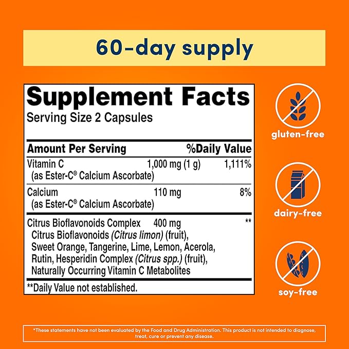 American Health Ester-C with Citrus Bioflavonoids Capsules - Gentle On Stomach, Non-Acidic Vitamin C - 500 mg, 60 Servings, 120 Count