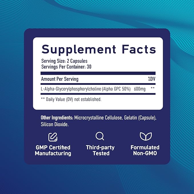 Alpha GPC 600 mg | Brain & Memory Support Supplement | Mental Performance, Focus & Clarity Support | Highly Purified Alpha-GPC Powder | Vegan, Formulated Non-GMO, 3rd-Party Tested | 60 Capsules