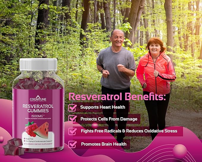 Resveratrol Gummies - Sugar Free Natural Raspberry Watermelon Flavor, 1500mg Resveratrol Supplement for Heart, Brain, Immune Support & Wellness, Powerful Antioxidant with Anti-Aging Benefits
