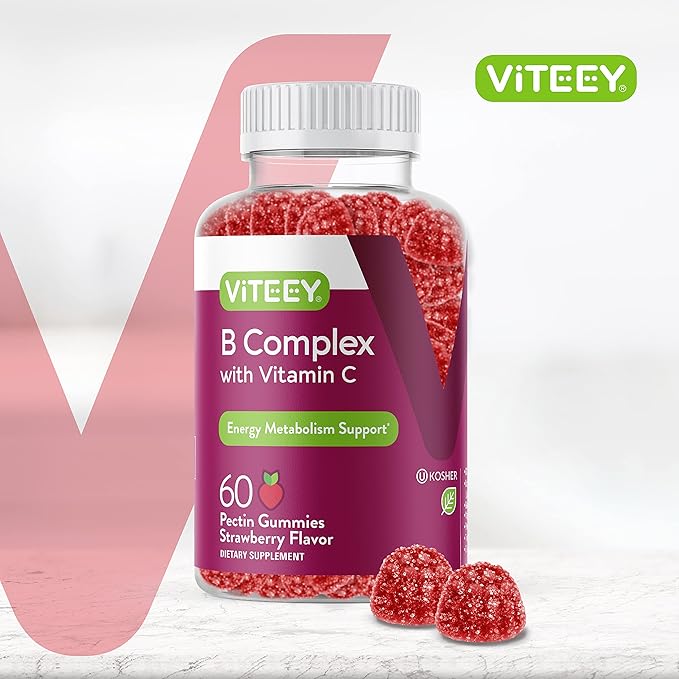 Vitamin B Complex Gummies for Adults with Vitamin C, B6, B12, Niacinamide, Folic Acid, Biotin, Calcium - Supports Energy & Metabolism - Vegan, Gluten Free, Gelatin Free - Chewable Strawberry Flavored