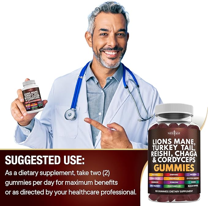 NEW AGE Mushroom Lion's Mane Supplement Gummies - Mushroom Supplement with Reishi, Cordyceps - 60 Count