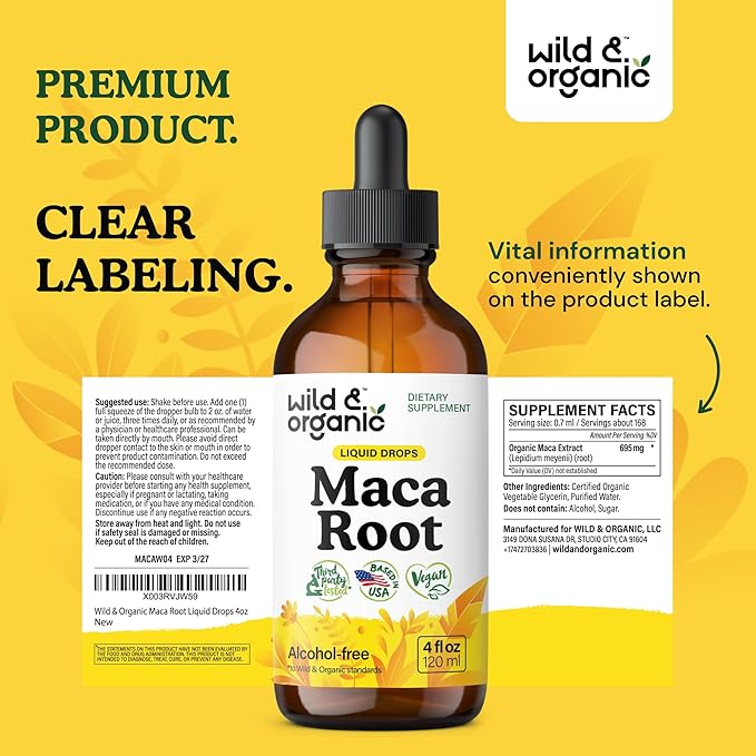 Wild & Organic Maca Root Liquid Drops for Men & Women - Peruvian Maca Tincture for Overall Support - Vegan, Sugar & Alcohol-Free Supplement - 4 fl oz