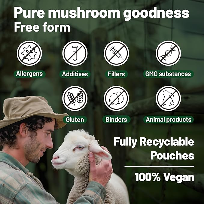 Vegan Vitality Multi Mushroom Supplement Complex - 120 Capsules with Reishi, Chaga, Shitake, Maitake, Lion's Mane and Cordyceps for Brain, Energy, Focus & Memory Support