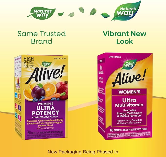 Nature's Way Alive! Women's Daily Ultra Multivitamin, High Potency Formula, Promotes Energy Metabolism and Muscle Function*, with Methylated B12, 60 Tablets (Packaging May Vary)
