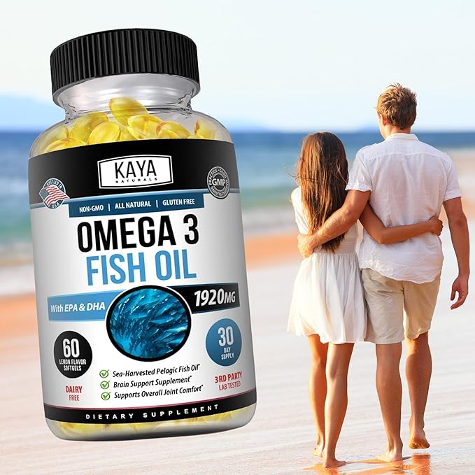 Kaya Naturals Omega 3 Supplement - Nature Made Omega 3 Fish Oil - 100% Pure Sea-Harvested Pelagic Fish Oil with No Fishy Aftertaste - 60 Count Softgels