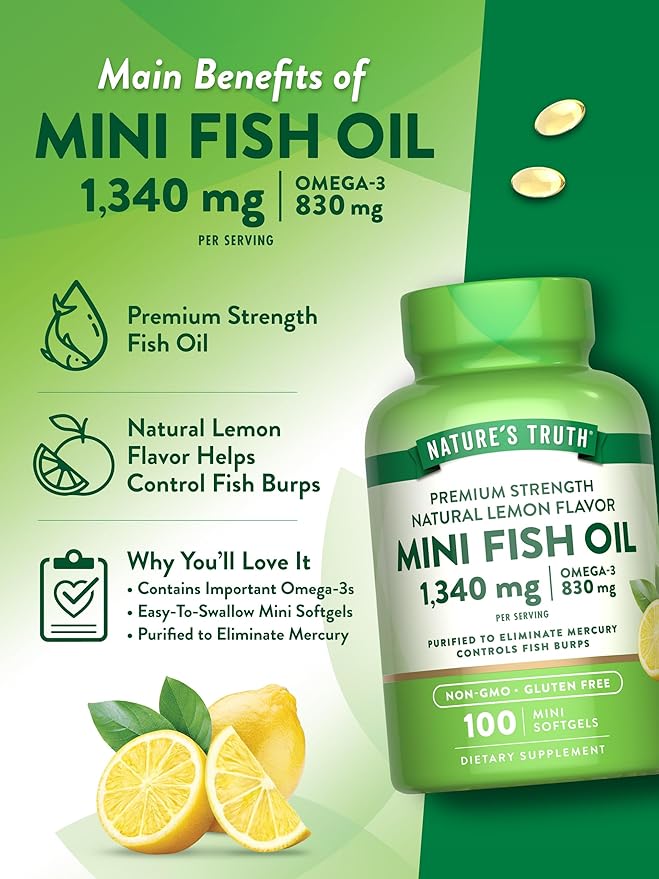 Nature's Truth Mini Fish Oil Omega 3 | 1340 mg | 100 Softgels | Burpless Lemon Flavor | Non-GMO & Gluten Free Supplement