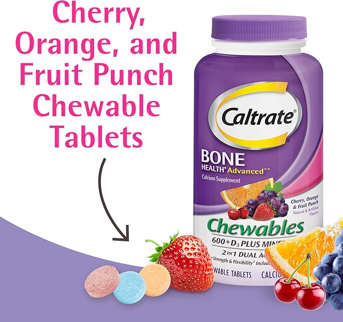 Caltrate Chewables 600 +D3 Plus Minerals Calcium and Vitamin D, Sugar Free, Cherry, Orange and Fruit Punch, 90 Count