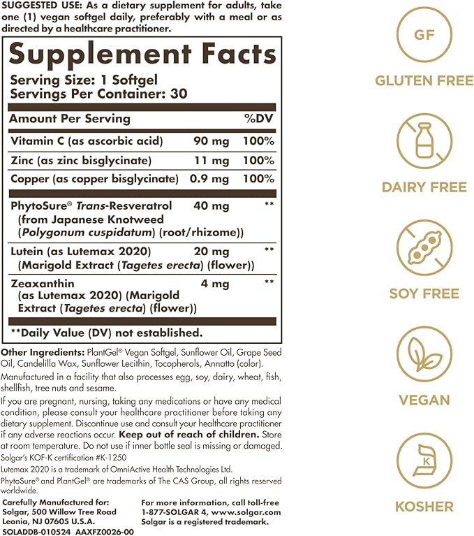 Solgar Digital Defense Eye Vitamin and Mineral Supplement, Support Eye Health with Vitamin C, Zinc & Resveratrol Supplement, Lutein and Zeaxanthin, Age-Defying Nutrition for Adults, 30 Servings