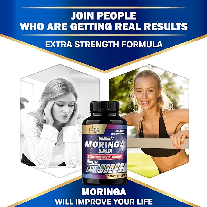 Organic Cadane Moringa Capsules with Turmeric, Boswellia, Quercetin, Ceylon Cinnamon, Holy Basil, Ginger, and Black Pepper - 8in1 Supplements - 120 Veggie Caps for 2 Months Supply