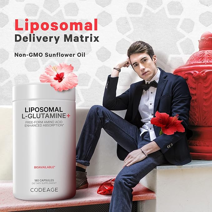 Codeage Liposomal L-Glutamine Capsule Supplement - 1,000 mg L-Glutamine per Serving - 3-Month Supply - Liposomal Delivery, Vegan Pills, Non-GMO, Gluten-Free Amino Acid - 180 Capsules