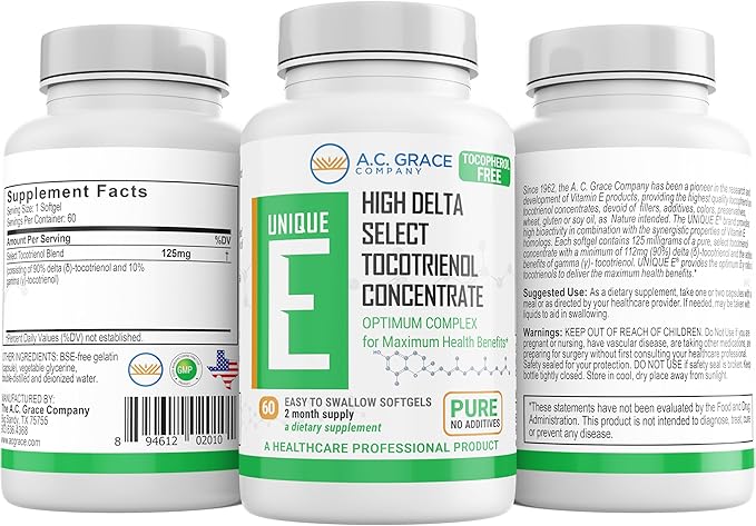 UNIQUE E A.C. Grace Company Mixed Tocopherols Concentrate Softgel 30 Count and Tocotrienols Tocopherol-Free Softgels 60 Count