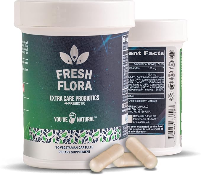 Fresh Flora - Probiotics & Prebiotics For Women and Men - 15 Billion CFU - Lactobacillus Lactospore - Howaru Strengthens Immunity - Digestive & Gut Health - Gas & Bloating Relief - 30 Veggie Capsules