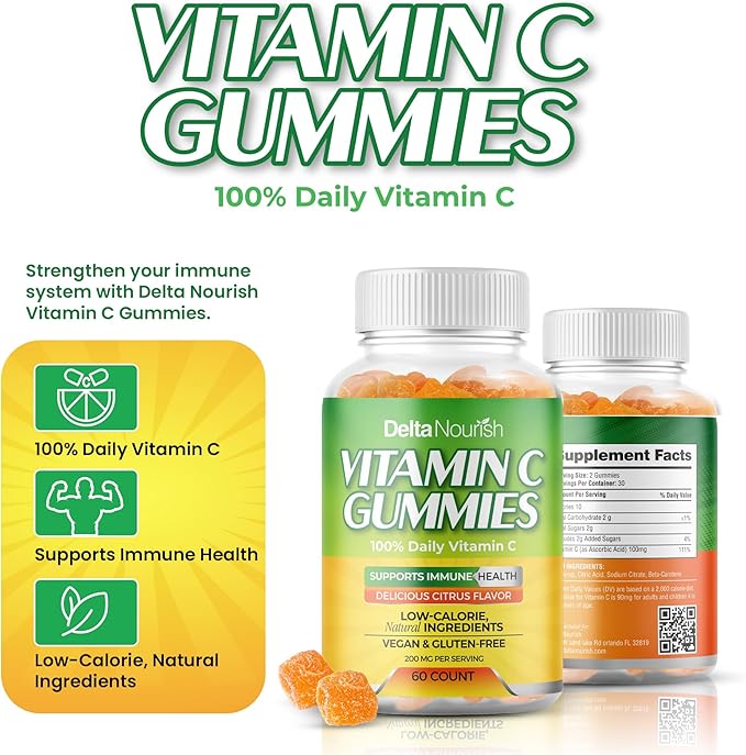 Vitamin C Gummies - Immune Support Supplement - 200mg Vitamin C Per Serving - Non-GMO, Gluten-Free, Natural Citrus Flavor - Antioxidant Support - 60 Gummies (5)