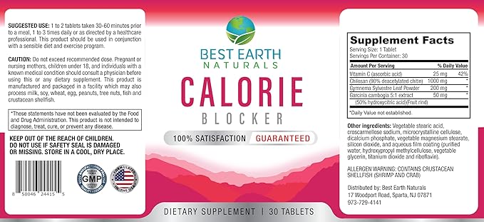 Best Earth Naturals Calorie Blocker with Chitosan, Gymnema Sylvestre, Vitamin C and More -30 Count