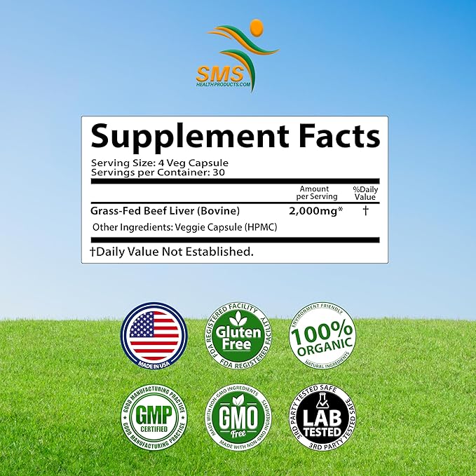 Grass Fed Desiccated Beef Liver Capsules (120 Pills, 500mg Each) - Natural Iron, Vitamin A, B12 for Energy - Humanely Pasture Raised Undefatted Without Hormones or Chemicals