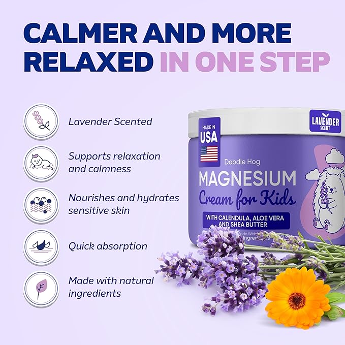 DOODLE HOG Magnesium Cream for Kids Lavender Scent - Soothing Relief & Relaxation with Calendula, Aloe Vera, Shea Butter - Topical Magnesium Cream for Sleep - USA Made - (4 oz, Lavender)