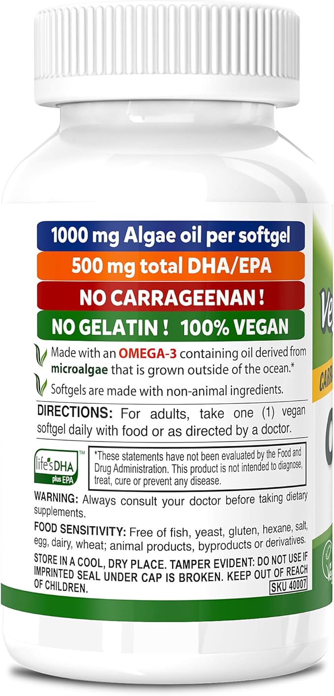DEVA Vegan Omega-3 DHA EPA Supplement - Once-Per-Day Softgel 500 MG - Carrageenan Free - Gelatin Free - Non-Fish - Algae Oil Omega-3 Fatty Acids - 60 Softgels