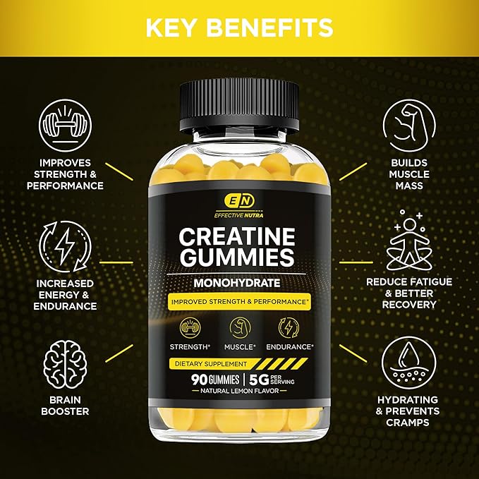 Creatine Monohydrate Gummies 5g - Vegan Creatine Gummies for Men & Women - Creatine Chews for Strength, Muscle, Energy, Endurance - Natural Lemon Flavor (2-Pack)