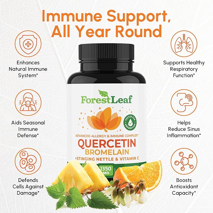 ForestLeaf Quercetin with Bromelain 1350mg - Blend with Vitamin C & Stinging Nettle Supplement, Quercetin 500mg Capsules, Non-GMO Gluten Free, Natural Immune & Respiratory Function, 90 Veggie Caps