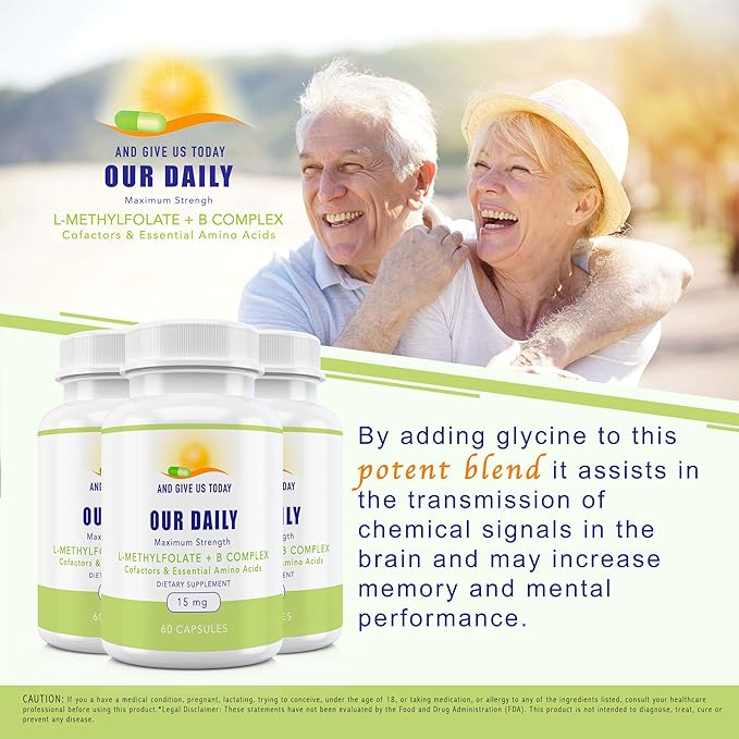 Our Daily Vites L-Methylfolate B Complex Cofactors & Essential Amino Acids (15mg) - Active Folate, Methylated B12 Methylcobalamin, B6 and Glycine - 60 Count