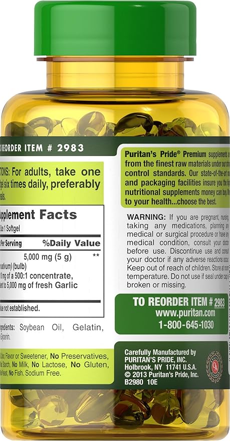 Puritan's Pride Premium Garlic Fresh 5000mg, Traditional Dietary Supplement for Heart Health and Circulation Support with Antioxidant Properties, 250 Rapid Release Softgels
