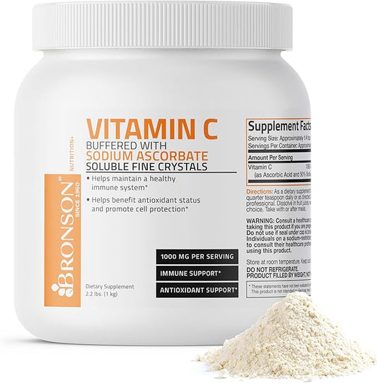 Buffered Vitamin C Powder Ascorbic Acid Buffered with Sodium Ascorbate Soluble Fine Crystals – Promotes Healthy Immune System and Cell Protection – Powerful Antioxidant - 1 Kilogram (2.2 Lbs)