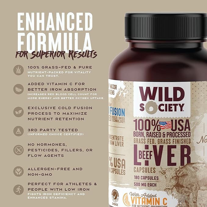 WILD SOCIETY - USA Grass Fed Beef Liver Capsules - 3000mg Max Strength for Energy, Stamina, Natural Detox, Hair & Nail - Non GMO, Allergen Free, Beef Liver Supplement - 180 Desiccated Capsules
