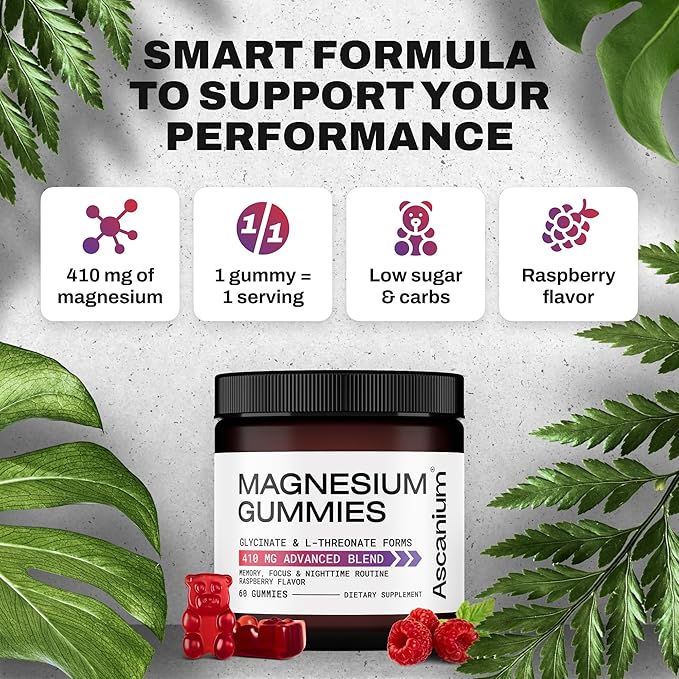 Magnesium Gummies - 410mg of Elemental Magnesium Glycinate & L-Threonate Supplement Complex - Vegan Magnesium Glycinate Gummies for Calm Mood, Muscle & Heart Support - Chewable Magnesium Gummy 60 pcs