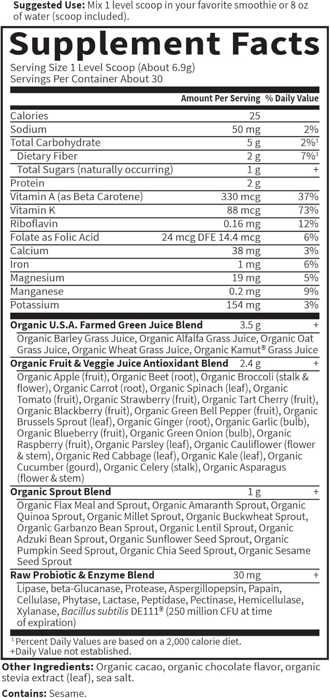 Garden of Life Raw Organic Perfect Food Green Superfood Juiced Greens Powder - Chocolate, 30 Servings (Packaging May Vary)