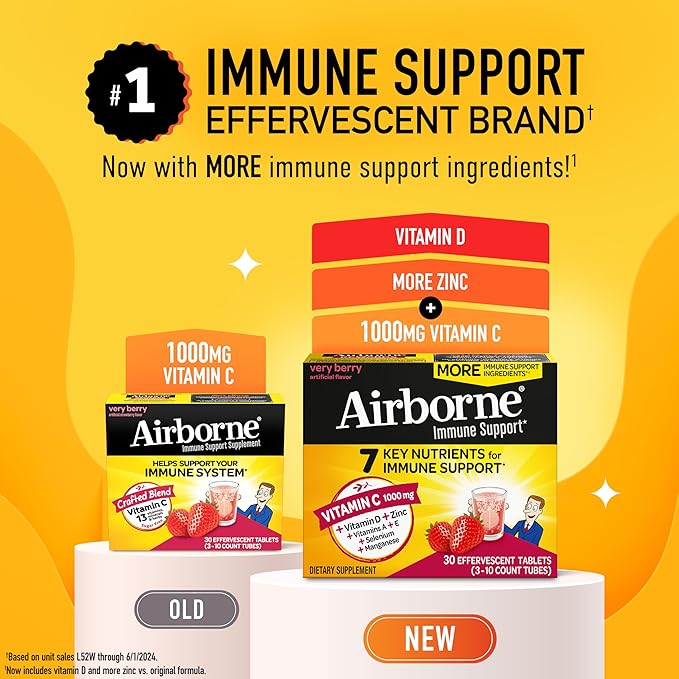 Airborne 1000mg Vitamin C with Vitamin D & Zinc, Sugar Free Multivitamin Immune Support Supplement, Antioxidants Vitamins A C & Vitamin E, 30 Effervescent Tablets, Very Berry Flavor