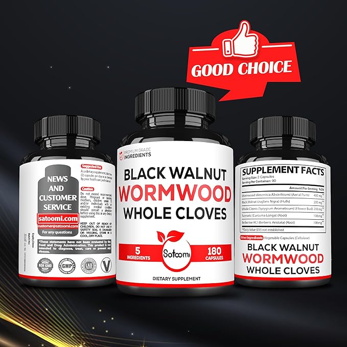 Satoomi 5 in 1 Wormwood Capsules Supplement - Extracted from Black Walnut, Whole Cloves, Turmeric and Berberine HCl - Immune System & Digestion Health - 180 Count -90 Day Supply